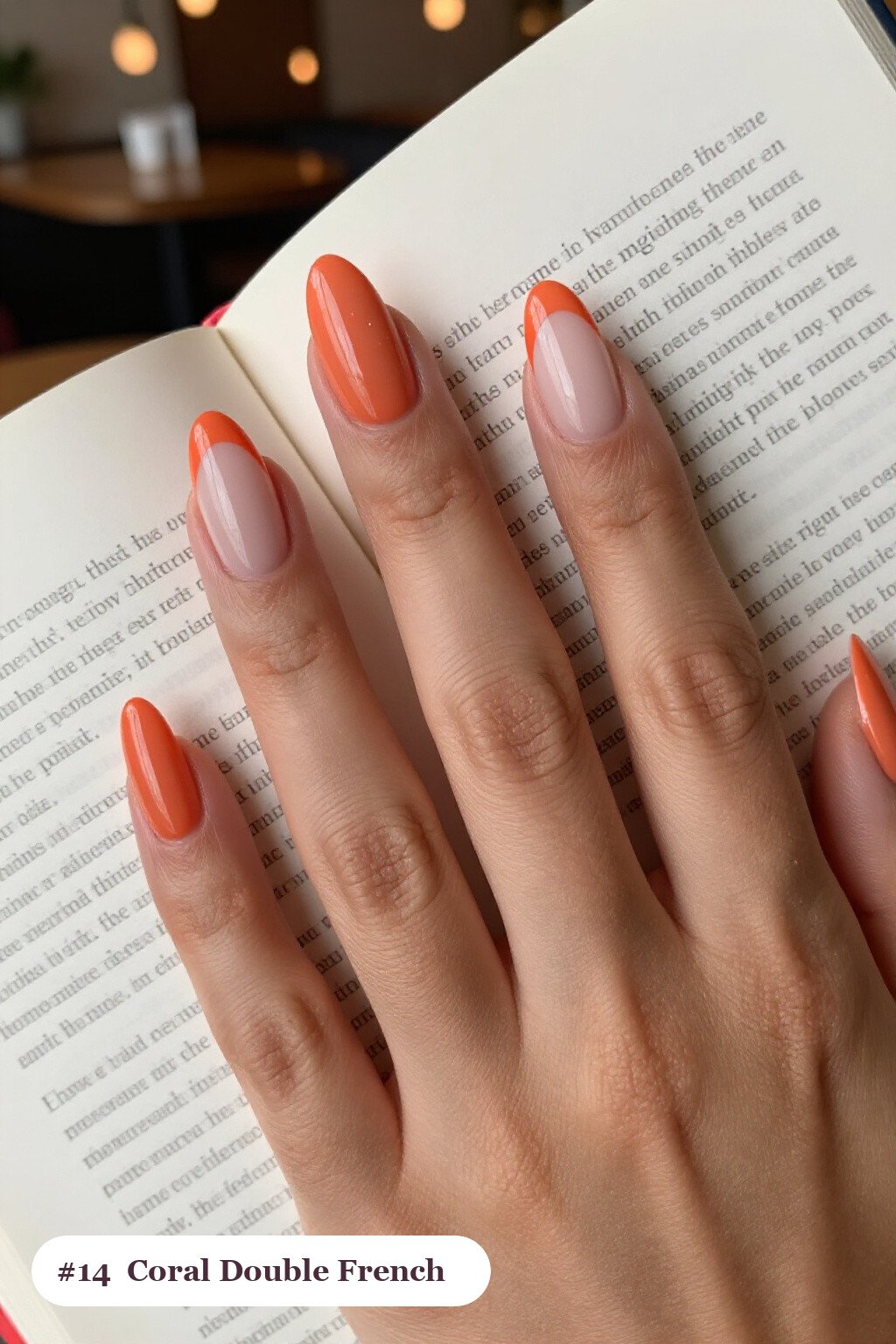 Coral Almond Nails with Double-Line French Tips in Two Colors - simple almond nails designs