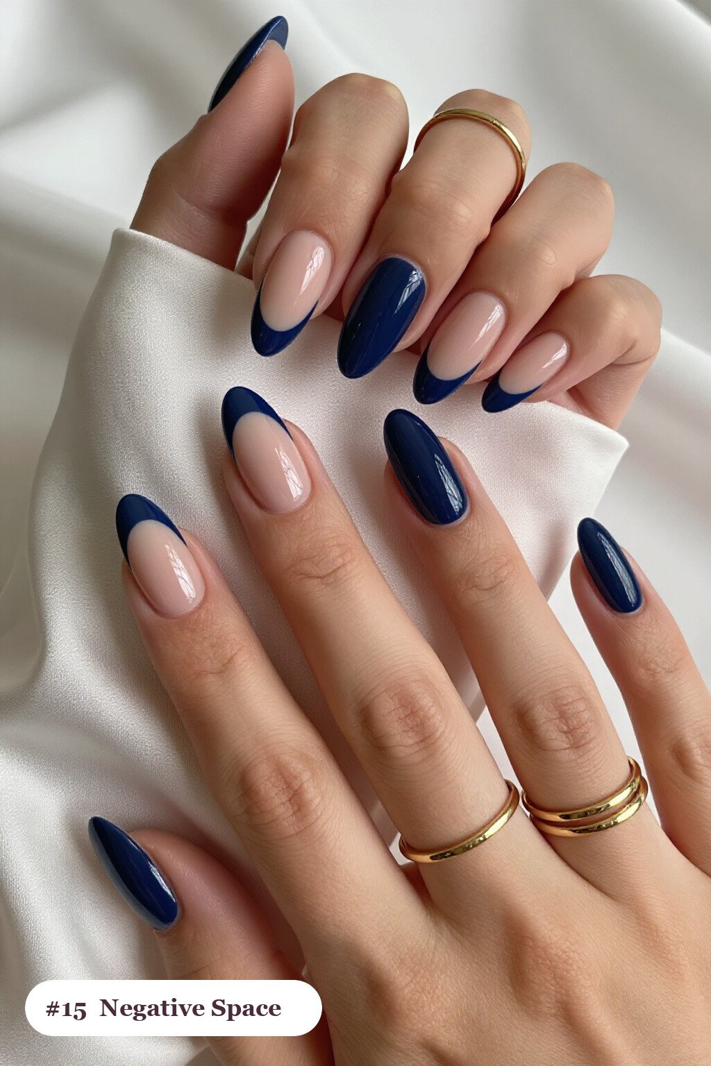 Navy Almond Nails with Negative Space Sheer Windows and Bold Colour Shapes: On Short Nails - simple almond nails designs