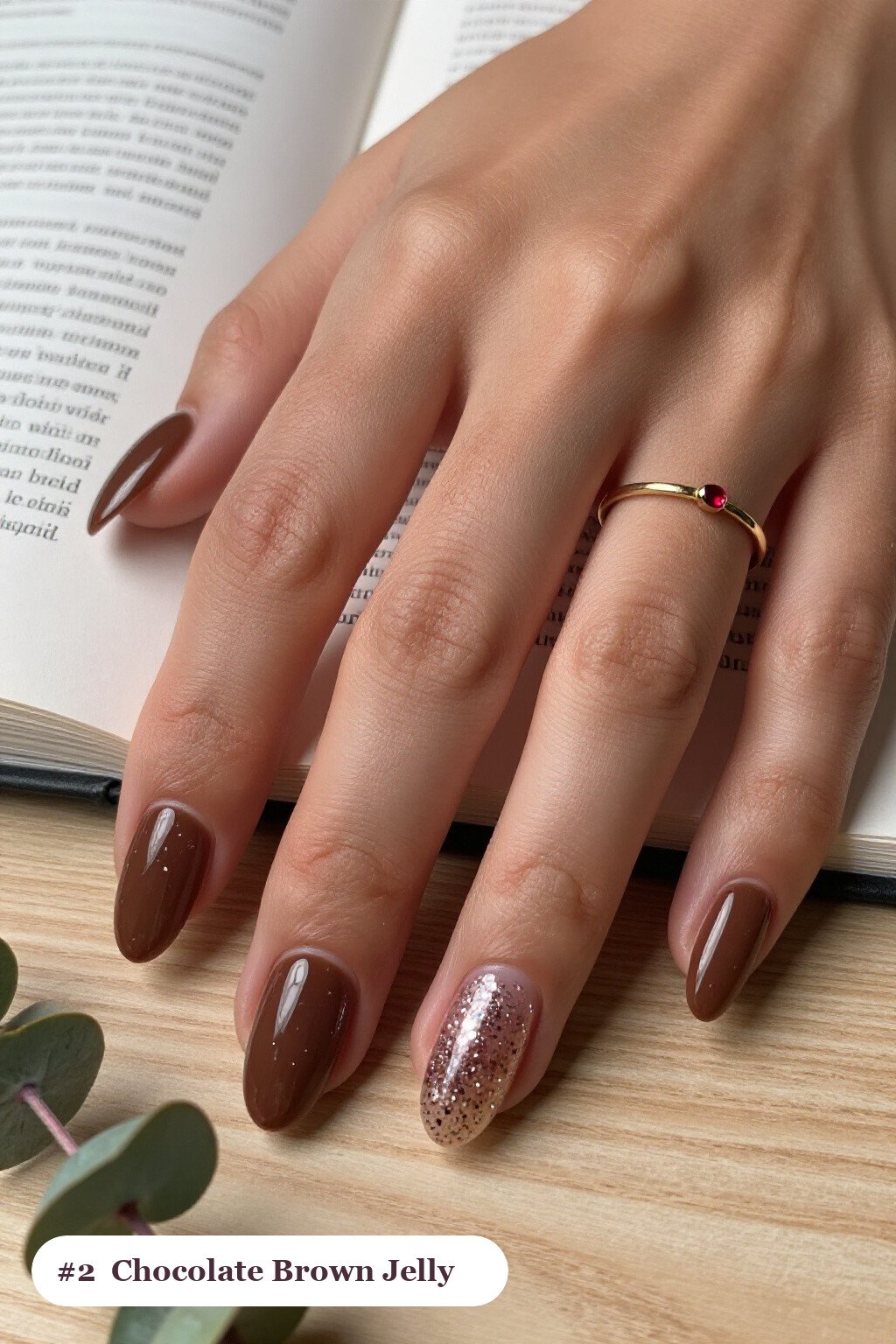 Chocolate Brown Almond Nails in Jelly Finish with Encapsulated Glitter - simple almond nails designs