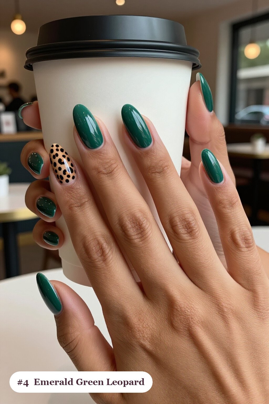 Emerald Green Almond Nails Featuring Leopard Print Accents and Solid Base - simple almond nails designs