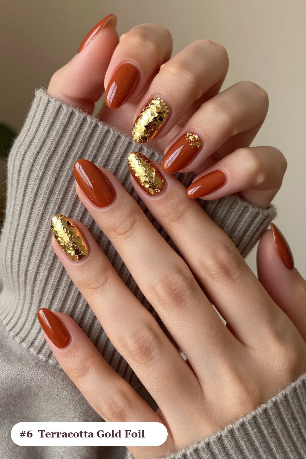 Terracotta Almond Nails with Gold Foil Flakes: Best Shades for Every Season - simple almond nails designs