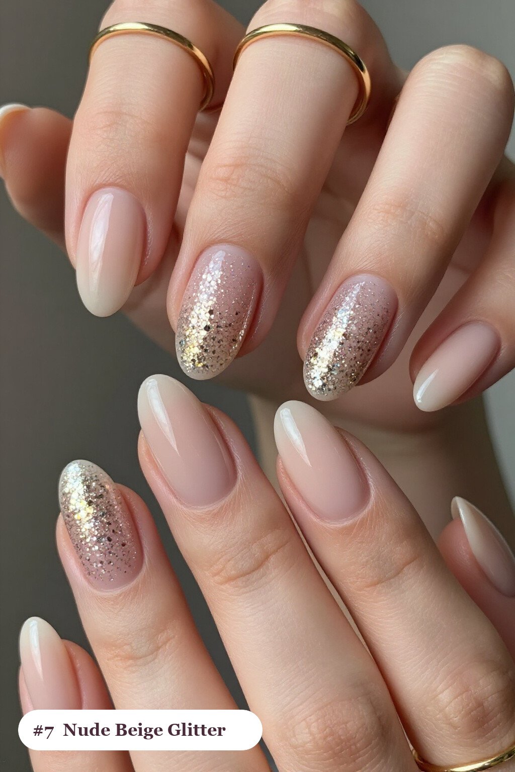 Nude Beige Almond Nails with Glitter Gradient Rising from Cuticle - simple almond nails designs