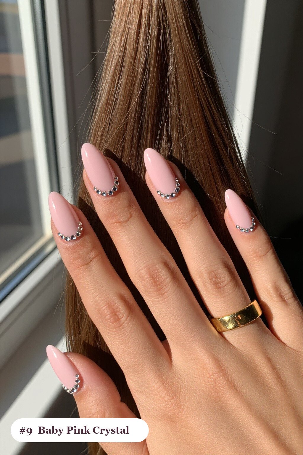 Baby Pink Almond Nails with Crystal Rhinestones Along the Cuticle - simple almond nails designs