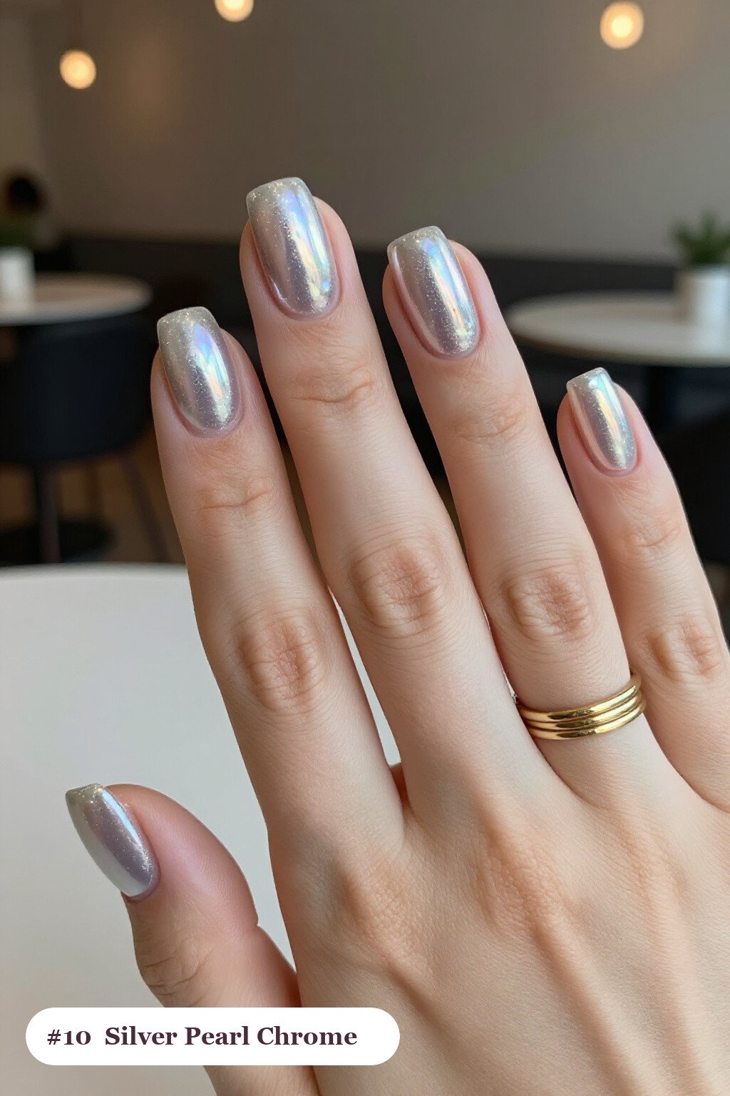 Medium square silver nails with glazed pearl chrome over the colour for an iridescent sheen, perfect for christmas - simple christmas nails Medium square silver nails with glazed pearl chrome over the colour for an iridescent sheen, perfect for christmas - simple christmas nails