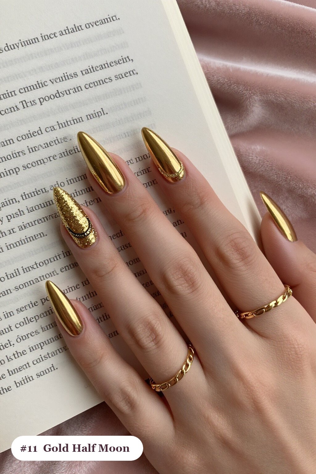 Long stiletto gold nails in a half-moon design with a glitter crescent at the cuticle, perfect for christmas - simple christmas nails Long stiletto gold nails in a half-moon design with a glitter crescent at the cuticle, perfect for christmas - simple christmas nails