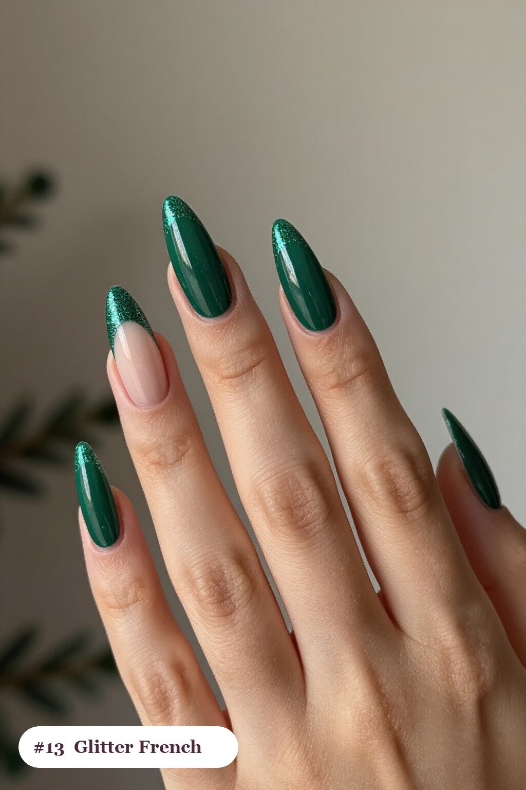 Long almond emerald green nails with glitter-packed french tips over a sheer nude base, perfect for christmas - simple christmas nails Long almond emerald green nails with glitter-packed french tips over a sheer nude base, perfect for christmas - simple christmas nails