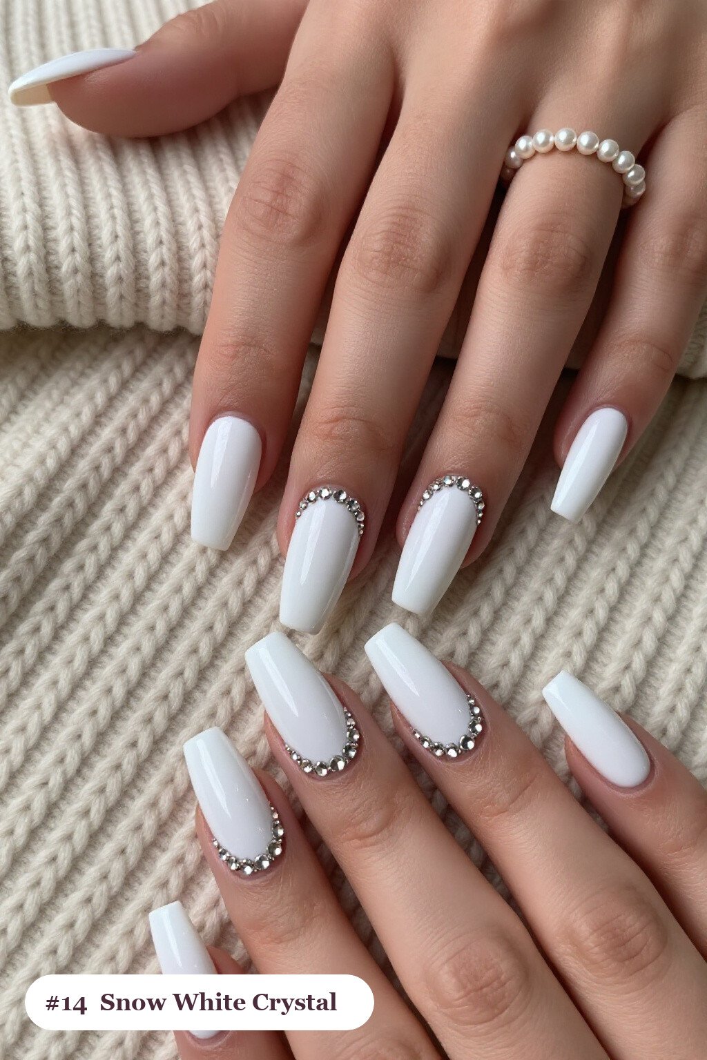 Long square snow white nails with rows of sparkling crystal rhinestones along the cuticle of every nail, perfect for christmas - simple christmas nails Long square snow white nails with rows of sparkling crystal rhinestones along the cuticle of every nail, perfect for christmas - simple christmas nails