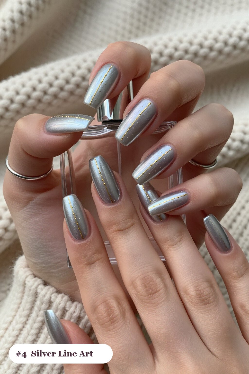 Long square silver nails with fine gold line art and tiny dots drawn across every nail, perfect for christmas - simple christmas nails Long square silver nails with fine gold line art and tiny dots drawn across every nail, perfect for christmas - simple christmas nails
