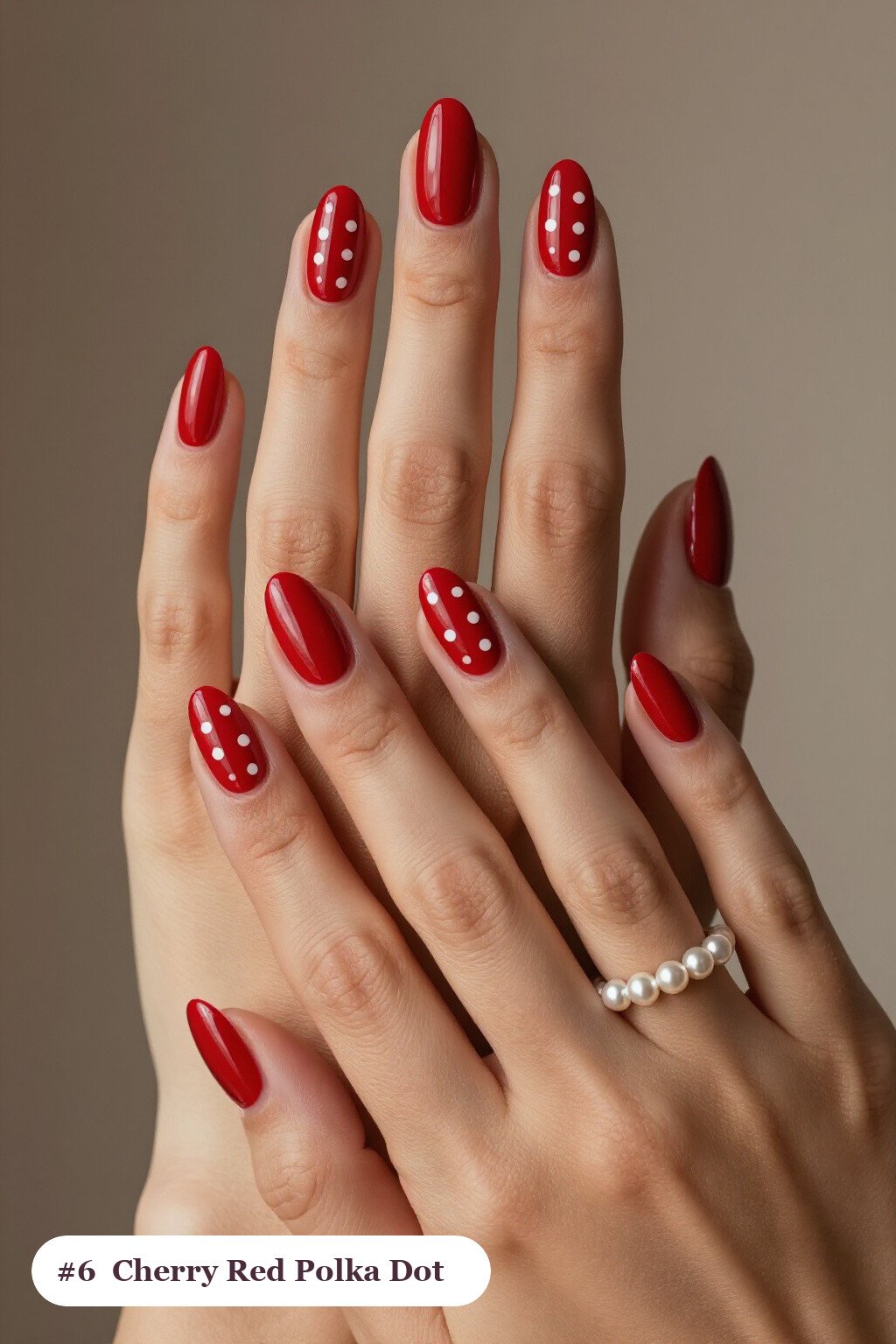 Medium coffin cherry red nails with playful polka dots in two colours on alternating nails, perfect for christmas - simple christmas nails Medium coffin cherry red nails with playful polka dots in two colours on alternating nails, perfect for christmas - simple christmas nails