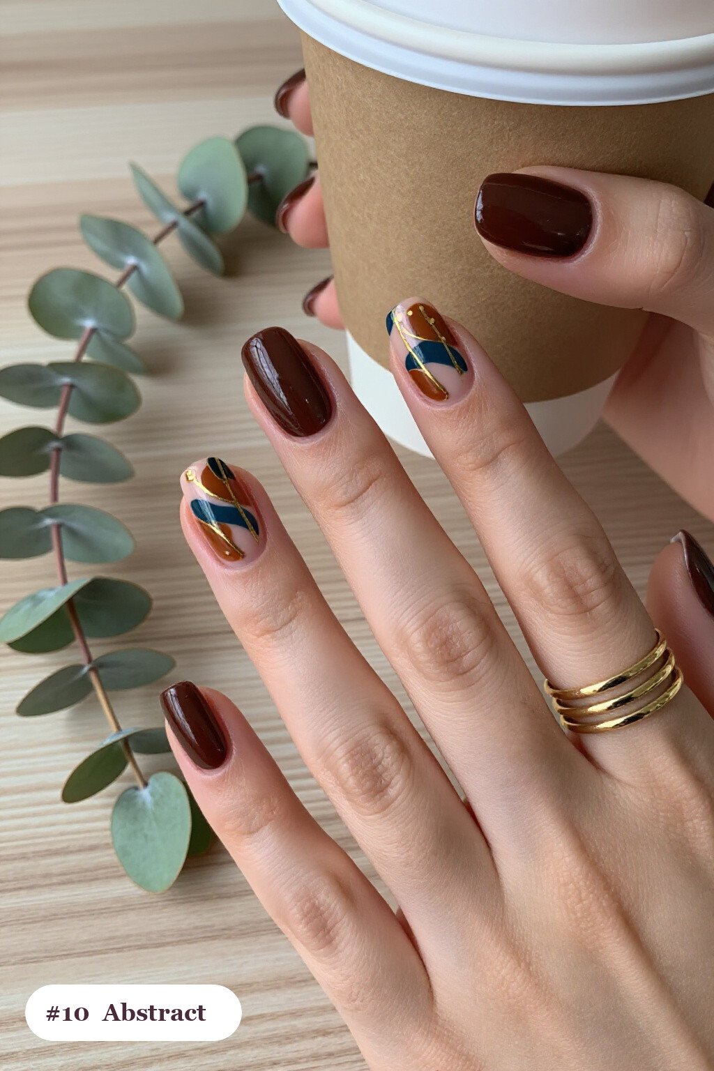 Medium Coffin Chocolate Brown Abstract Art with Gold Outlines - simple fall nails Medium Coffin Chocolate Brown Abstract Art with Gold Outlines - simple fall nails