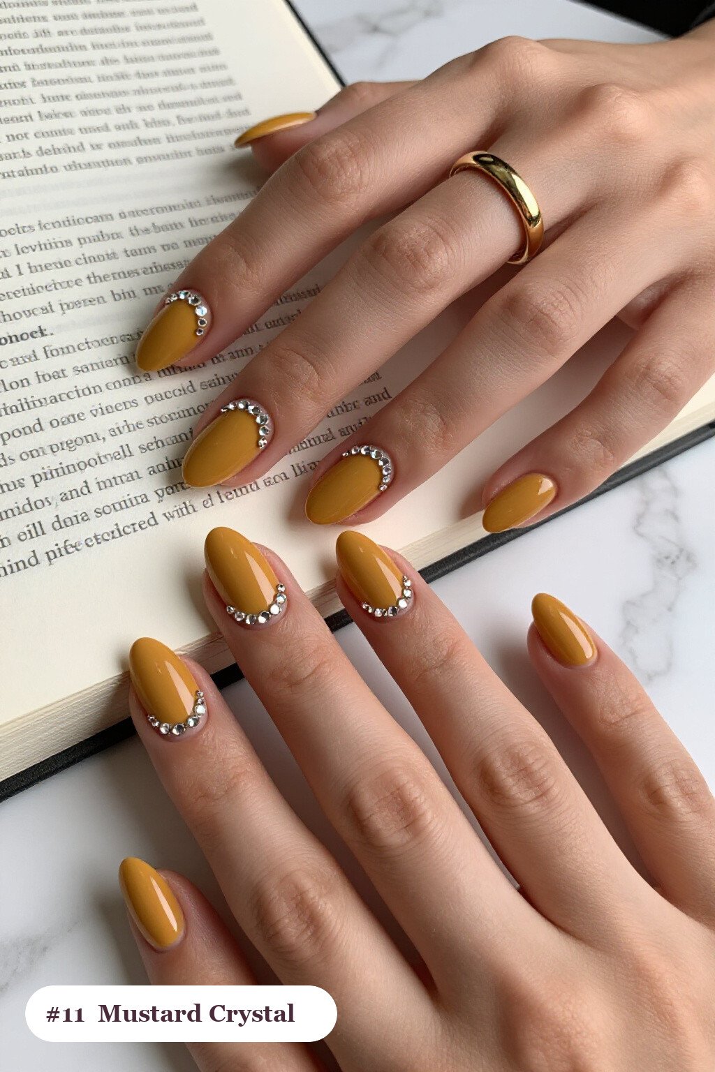 Medium Oval Mustard Nails with Crystal Rhinestone Cuticle Rows - simple fall nails Medium Oval Mustard Nails with Crystal Rhinestone Cuticle Rows - simple fall nails