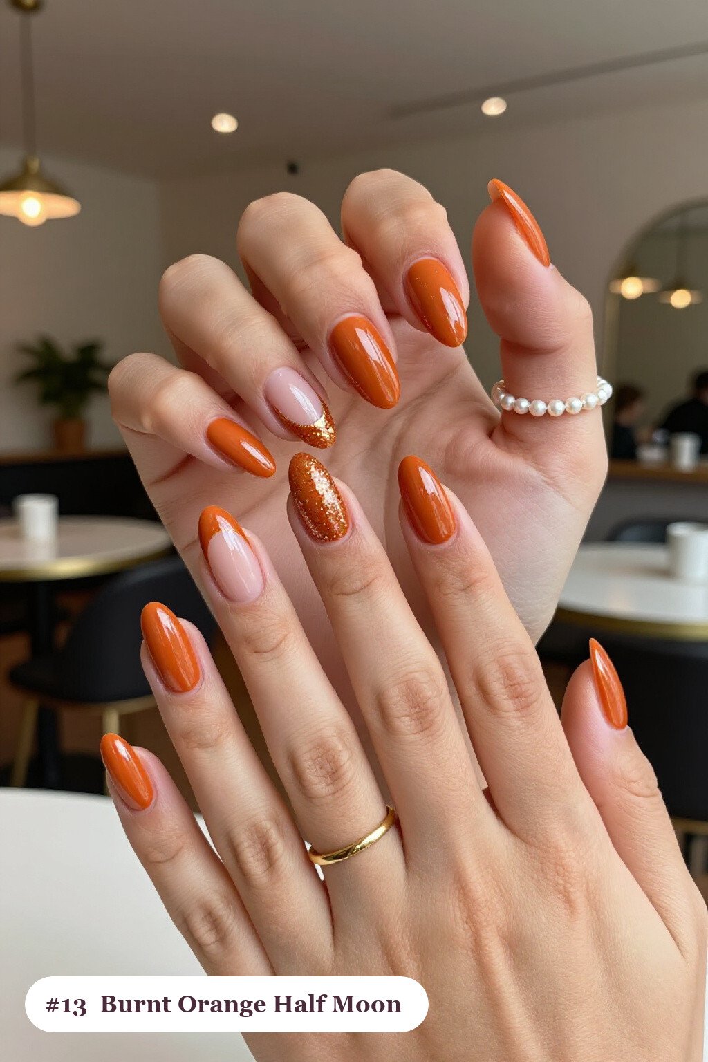 Long Coffin Burnt Orange Half‑Moon Design with Glitter Crescent - simple fall nails Long Coffin Burnt Orange Half‑Moon Design with Glitter Crescent - simple fall nails