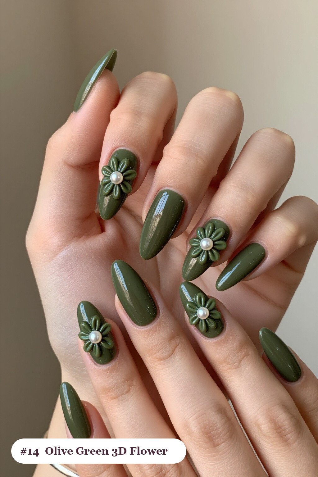 Long Stiletto Olive Green 3D Flowers with Pearl Centres - simple fall nails Long Stiletto Olive Green 3D Flowers with Pearl Centres - simple fall nails