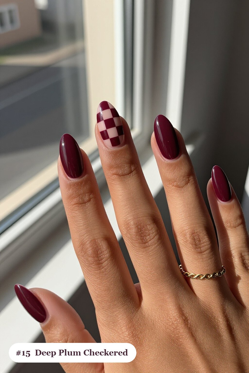 Simple Fall Nails: Medium Almond Deep Plum Checkerboard Accent - simple fall nails Simple Fall Nails: Medium Almond Deep Plum Checkerboard Accent - simple fall nails