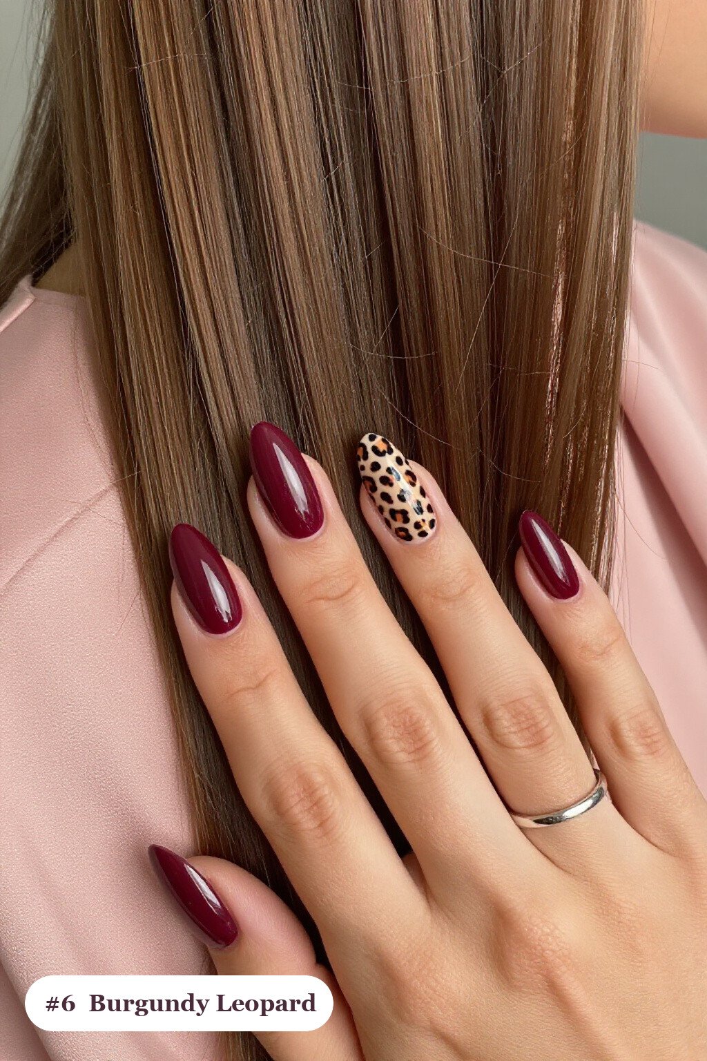 Long Almond Burgundy Nails with Leopard Print Accents - simple fall nails Long Almond Burgundy Nails with Leopard Print Accents - simple fall nails