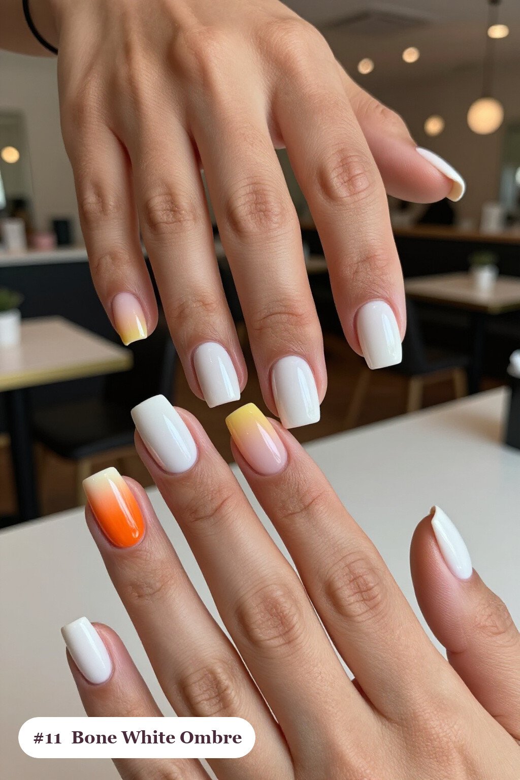 Short square bone white nails with a vivid two-colour ombre melting from the cuticle to the tips, perfect for halloween - simple halloween nail designs
