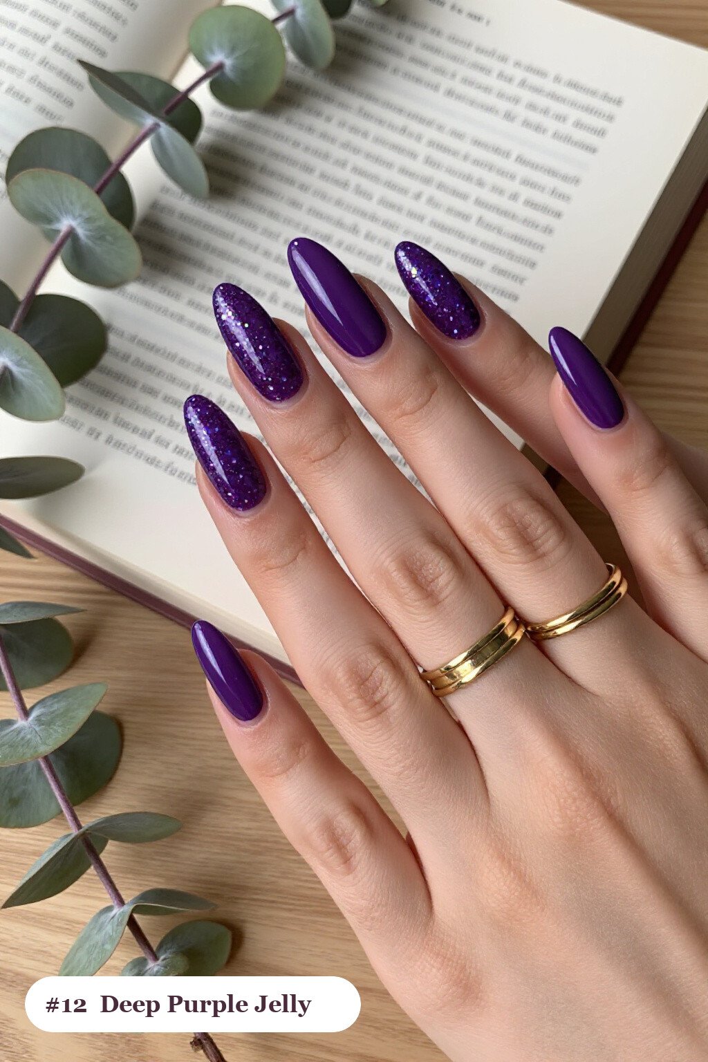 Long coffin deep purple nails in a see-through jelly finish with encapsulated glitter, perfect for halloween - simple halloween nail designs