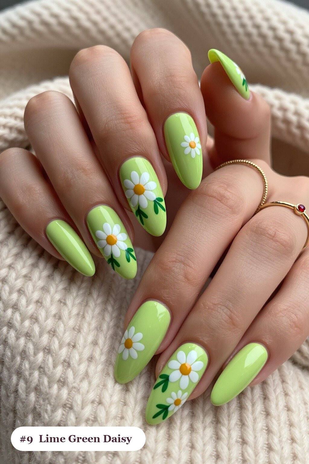 Long ballerina lime green nails with hand-painted daisies and green leaves across every nail, perfect for halloween - simple halloween nail designs