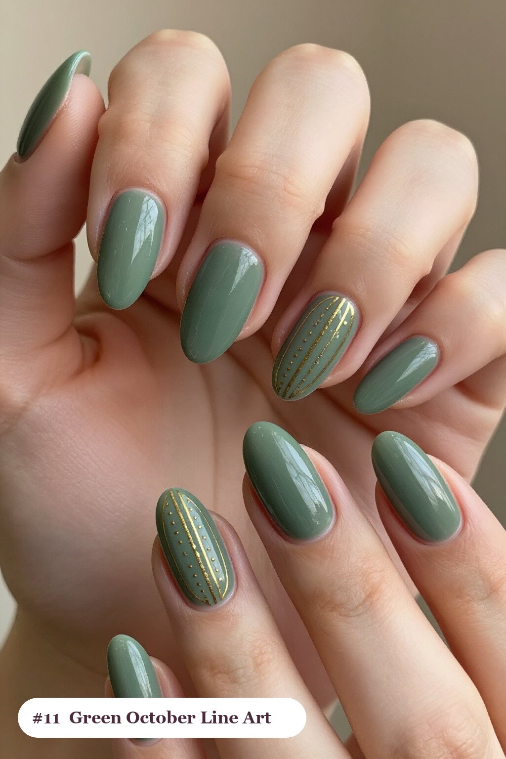 Sage Green Almond Nails with Fine Gold Line Art and Tiny Dots - simple october nail designs