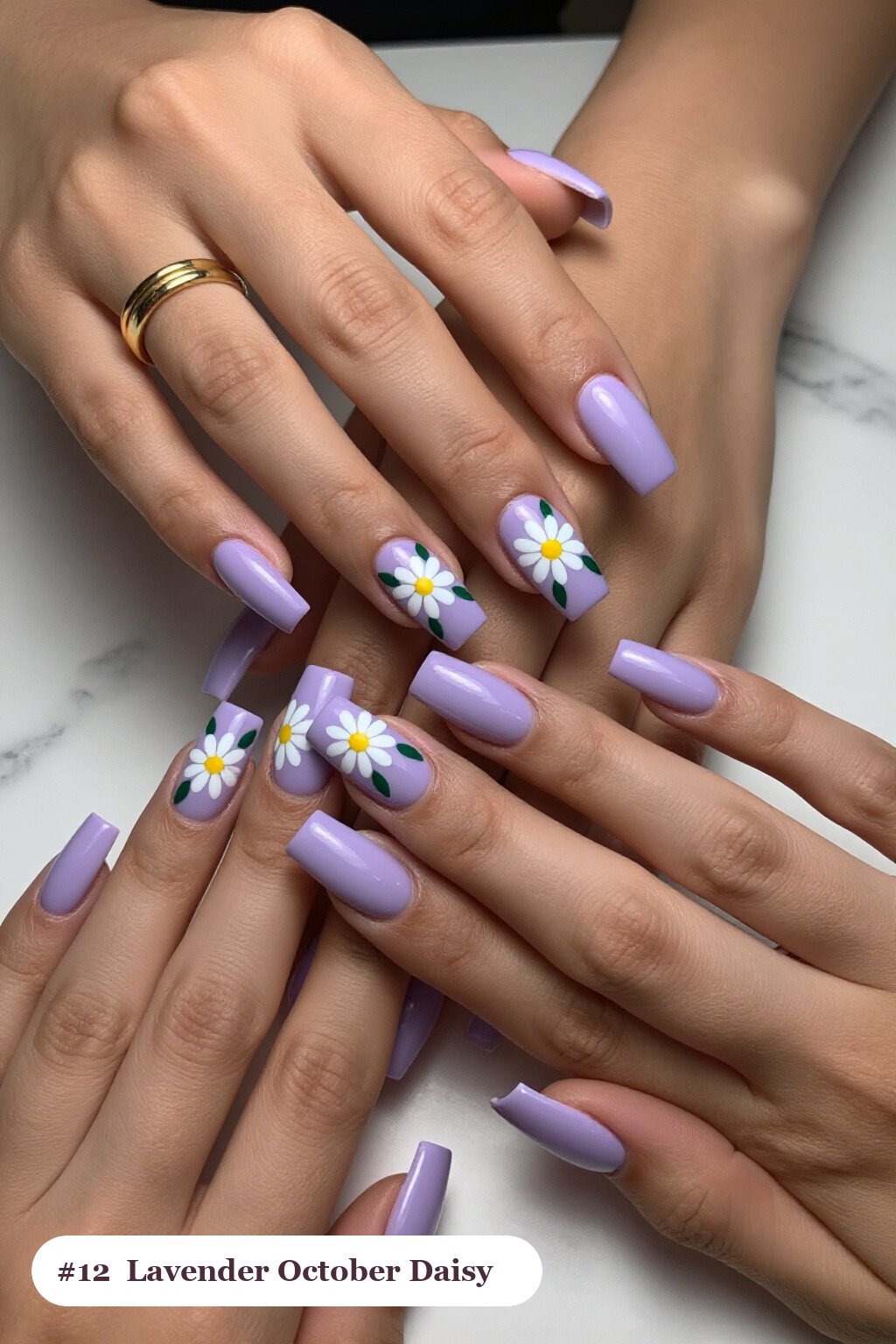 Lavender Square Nails Hand‑Painted with Daisies and Green Leaves - simple october nail designs