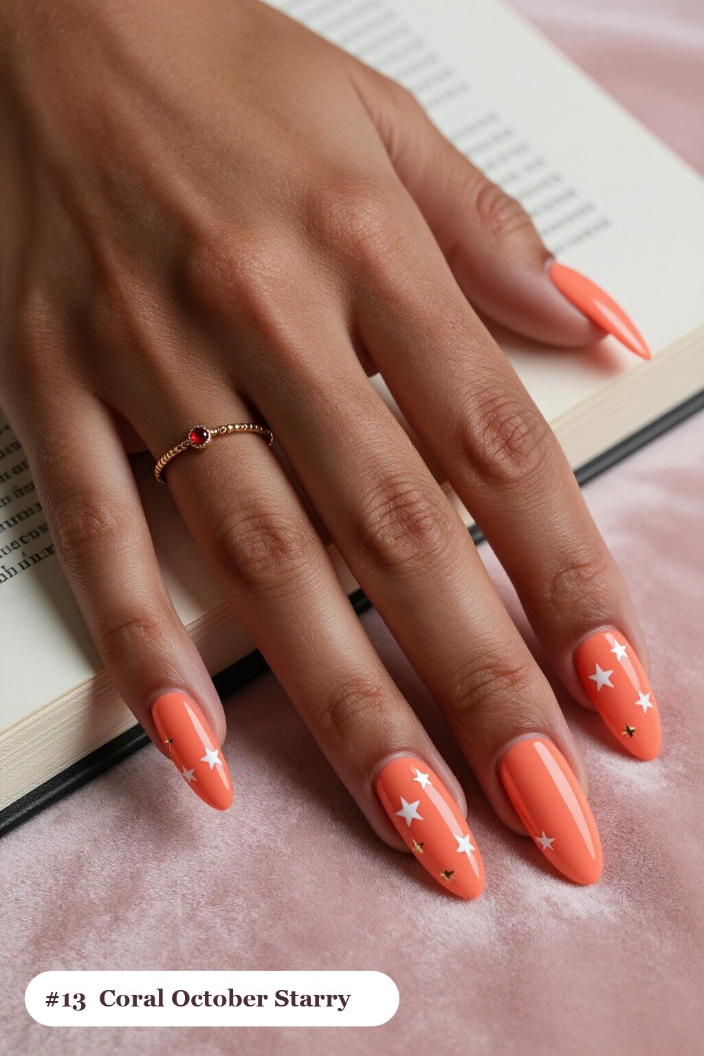 Coral Coffin Nails Decorated with White and Gold Stars and Sparkles - simple october nail designs
