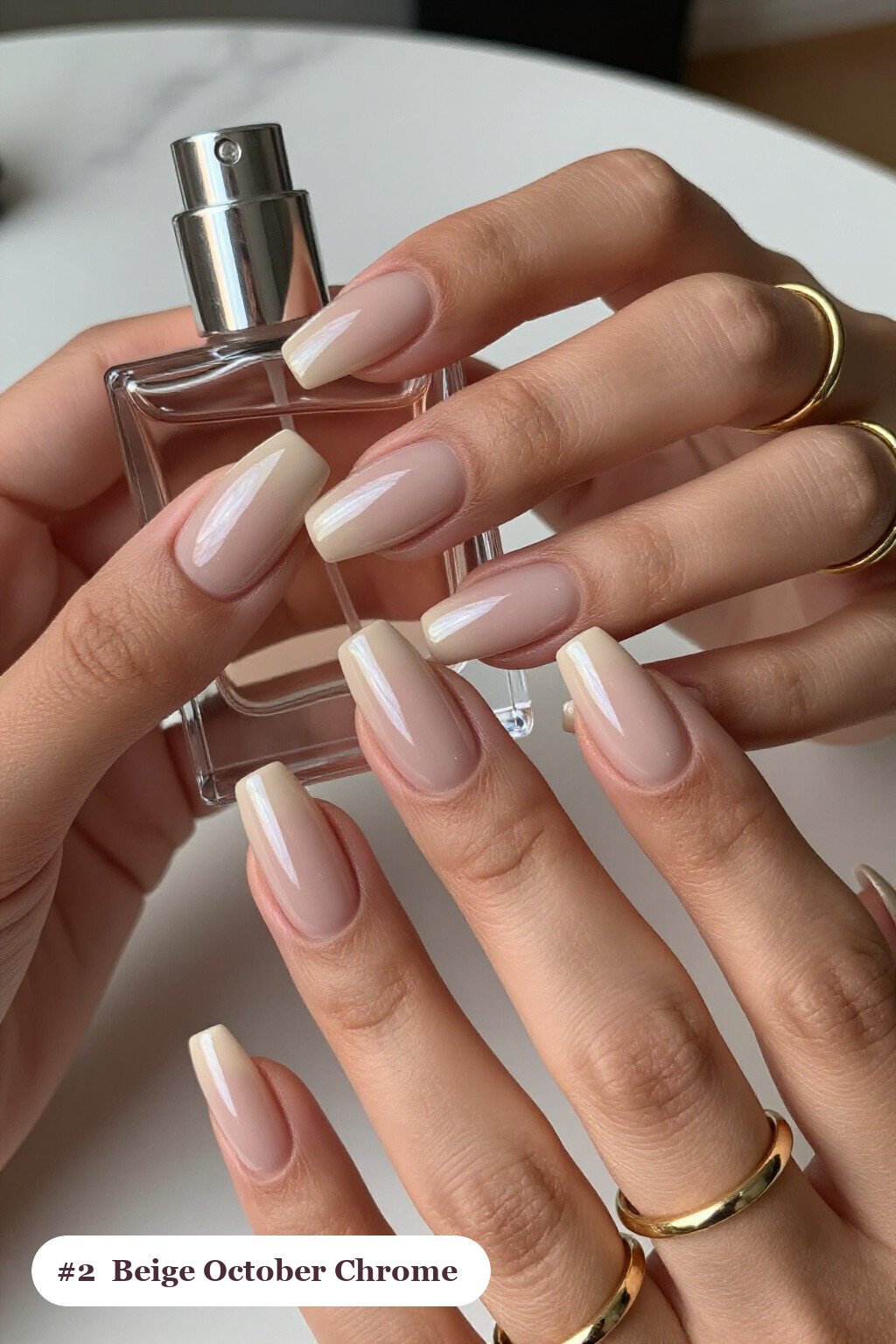 Nude Beige Square Nails with Liquid Chrome Mirror and Metallic Highlights - simple october nail designs