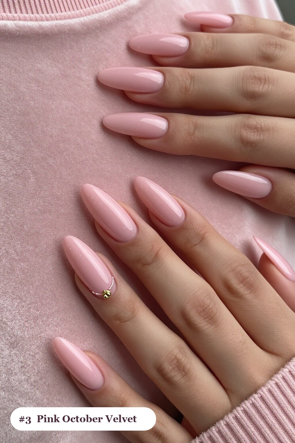 Baby Pink Coffin Nails in Velvet Shimmer, One Glossy Accent with Gold Charm - simple october nail designs