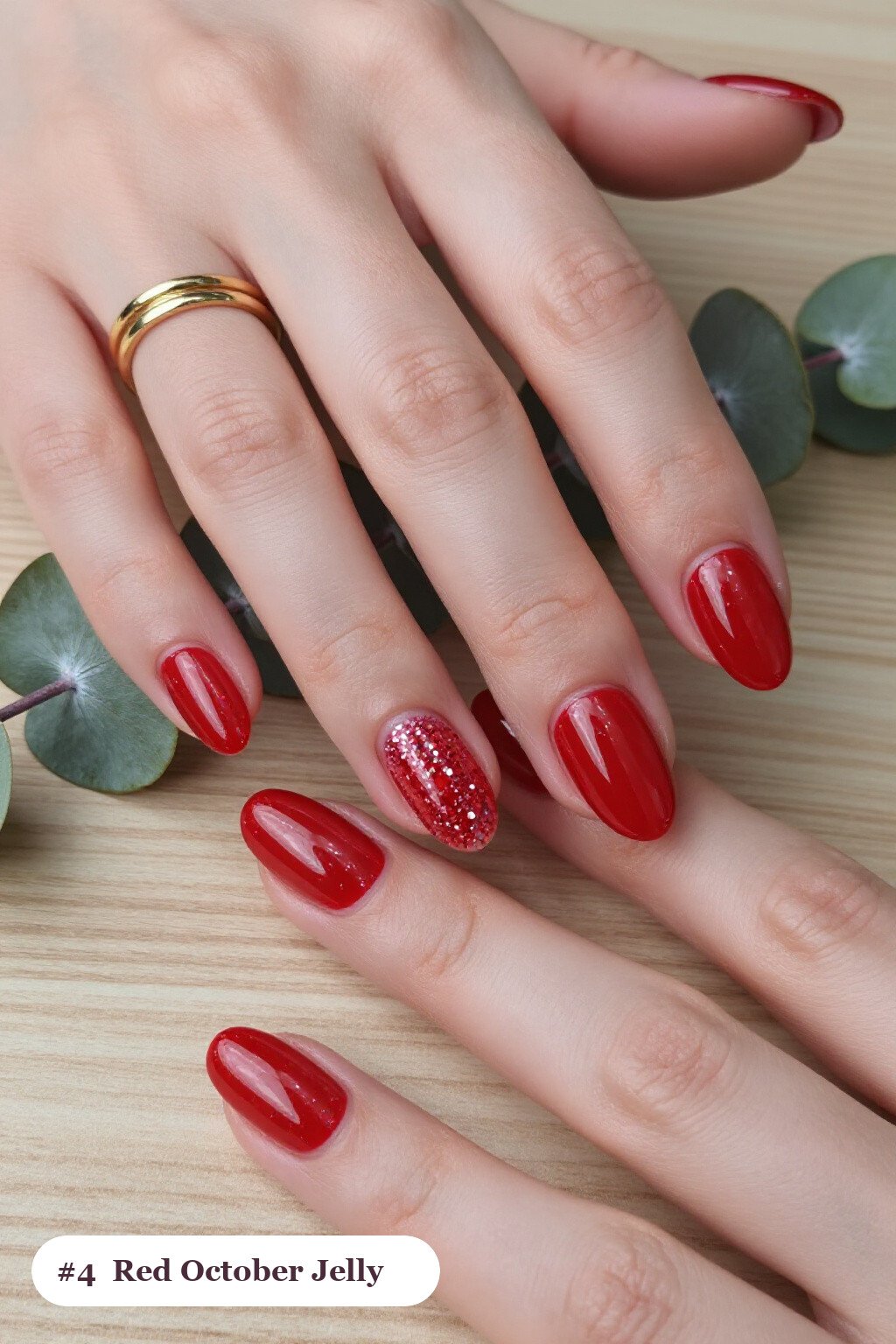 Cherry Red Medium Coffin Nails in Jelly Finish with Encapsulated Glitter - simple october nail designs