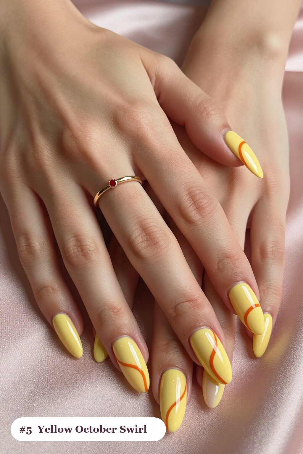 Butter Yellow Ballerina Nails Featuring Bold Hand‑Painted Swirl Lines - simple october nail designs