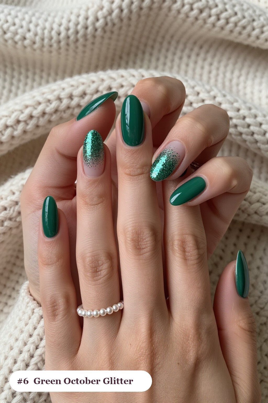 Emerald Green Medium Almond Nails with Sparkling Glitter Gradient - simple october nail designs