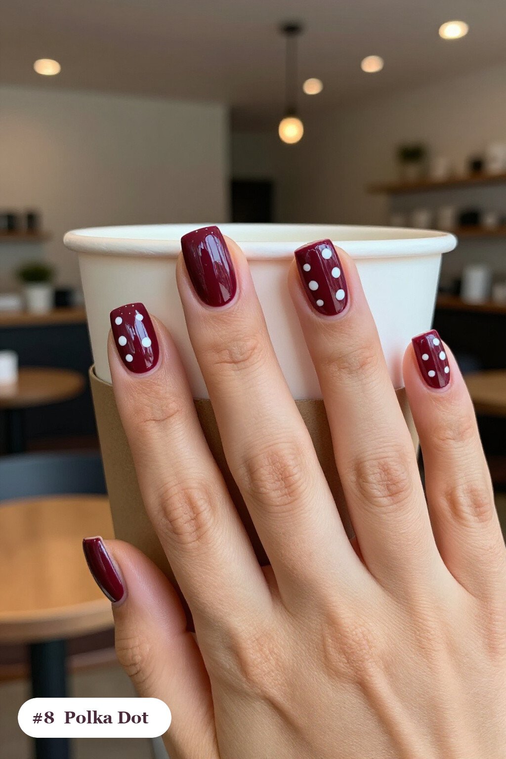 Burgundy Short Square Nails with Playful Two‑Tone Polka Dots - simple october nail designs