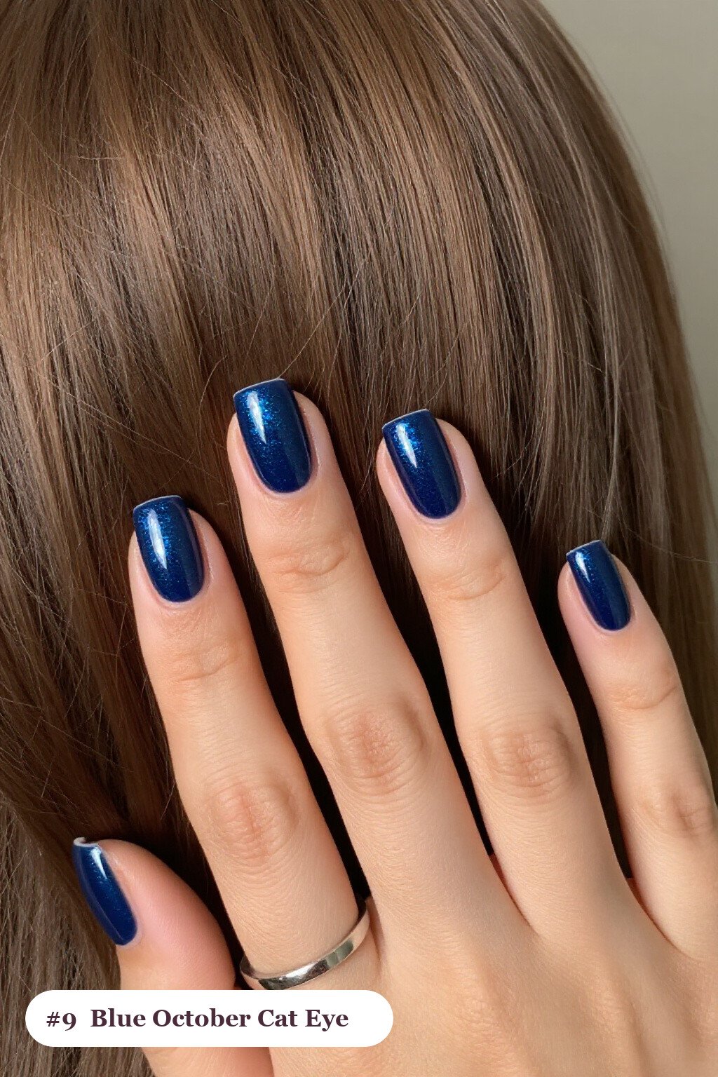 Navy Blue Medium Square Nails with Centered Glowing Shimmer Band - simple october nail designs