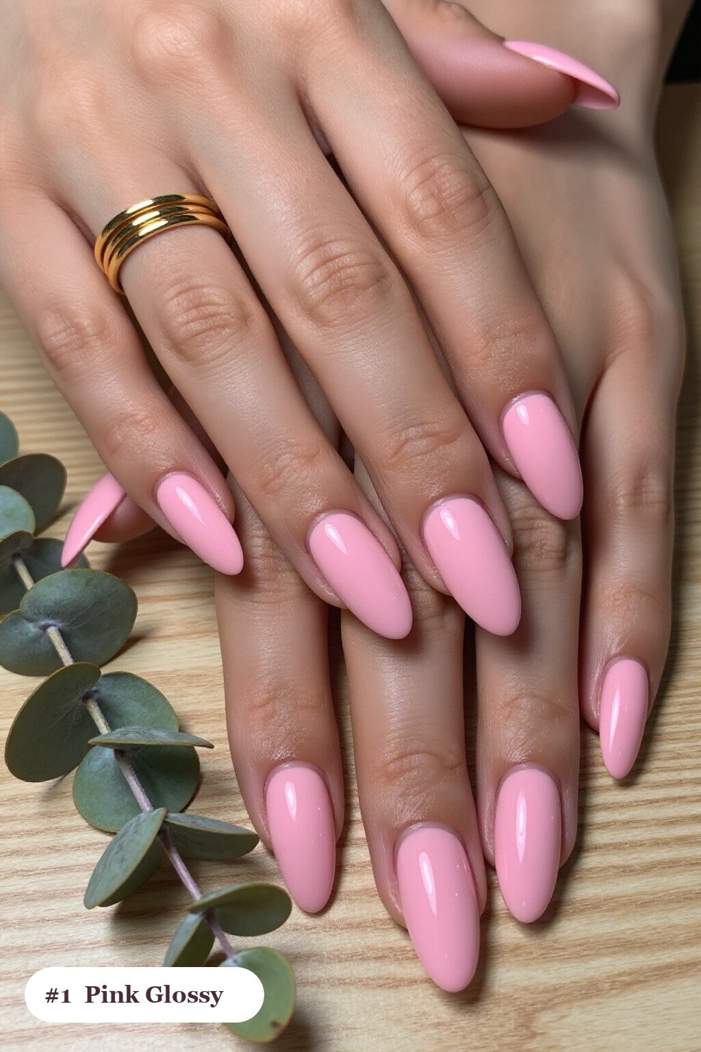 Long coffin pink nails in a flawless mirror-glossy full-colour finish - simple pink nails