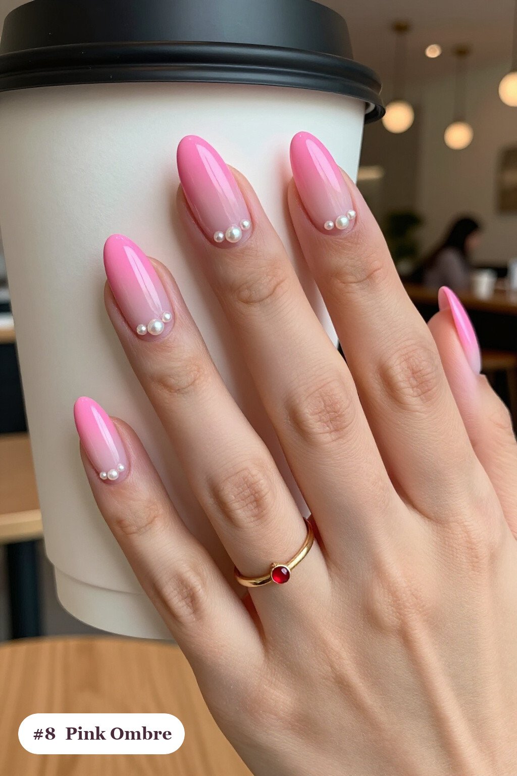 Medium coffin pink nails with a vivid two-colour ombre melting from the cuticle to the tips, with pearl details - simple pink nails