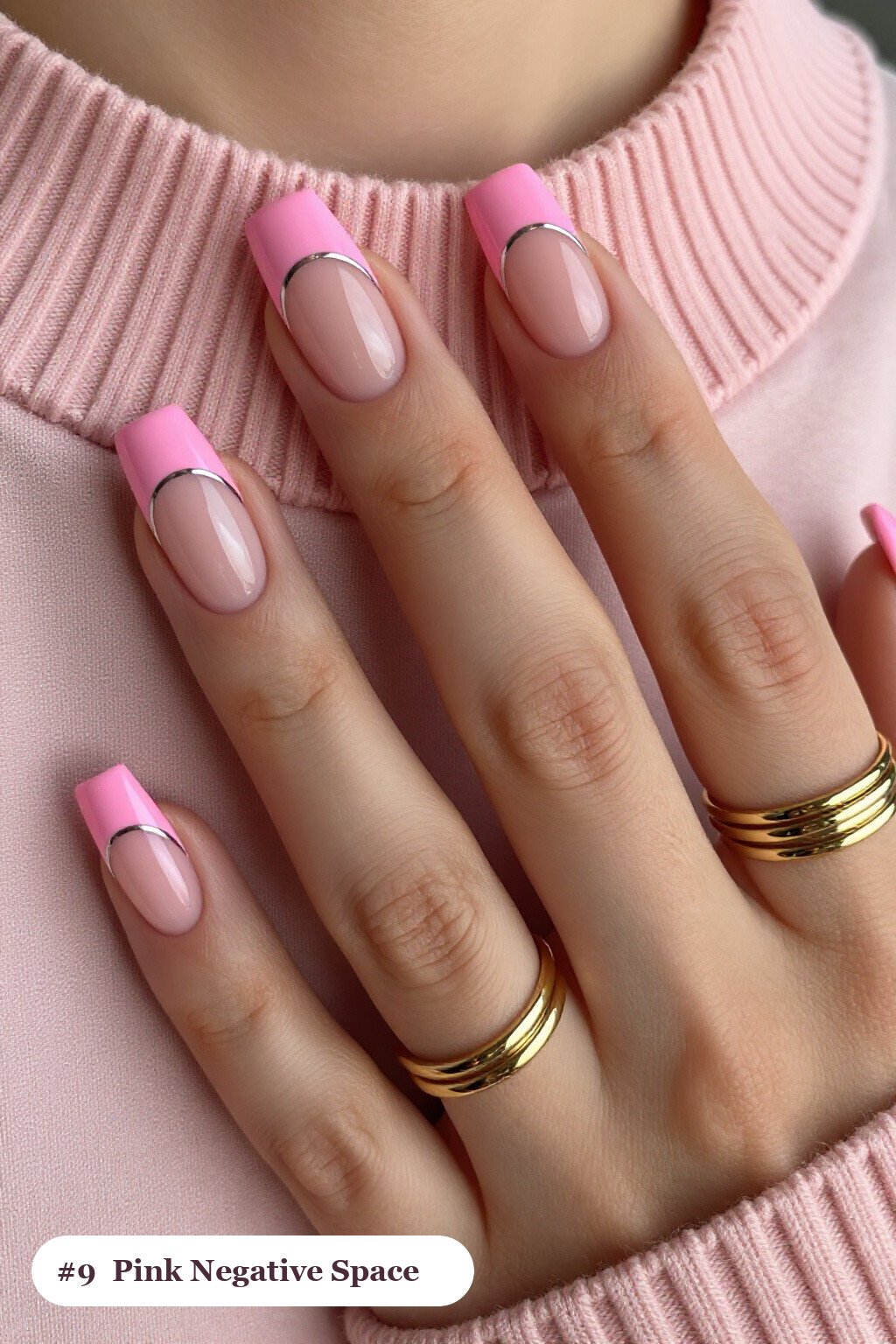 Medium square pink nails in a negative-space design with sheer nude windows and bold colour shapes, with silver details - simple pink nails