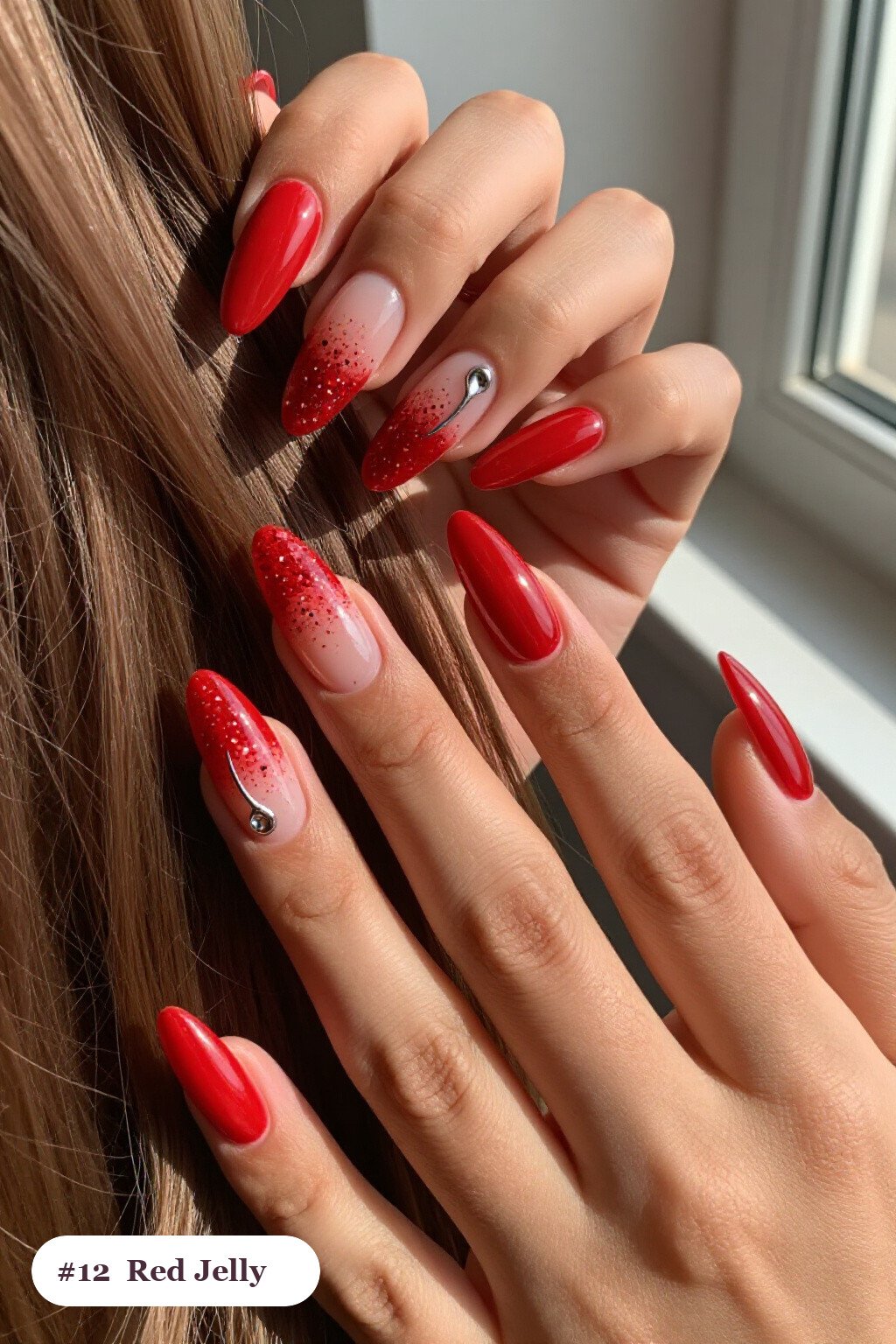 Long Almond Red Nails in See‑Through Jelly with Encapsulated Glitter - simple red nails