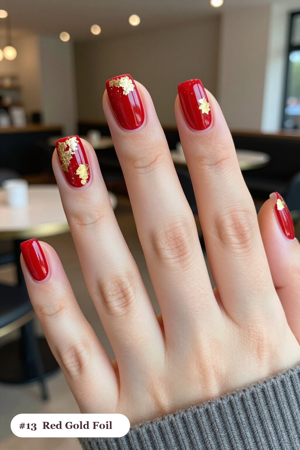 Medium Square Red Nails Covered in Gold Foil Flakes: Best Shades for Every Season - simple red nails