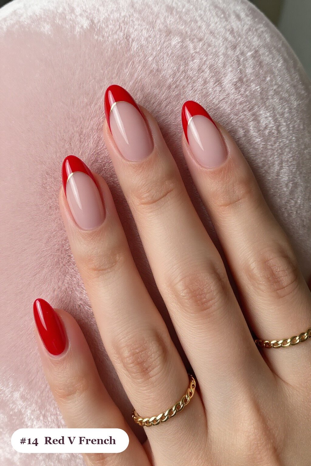 Medium Oval Red Nails with Deep V‑French Tips in Contrasting Color - simple red nails