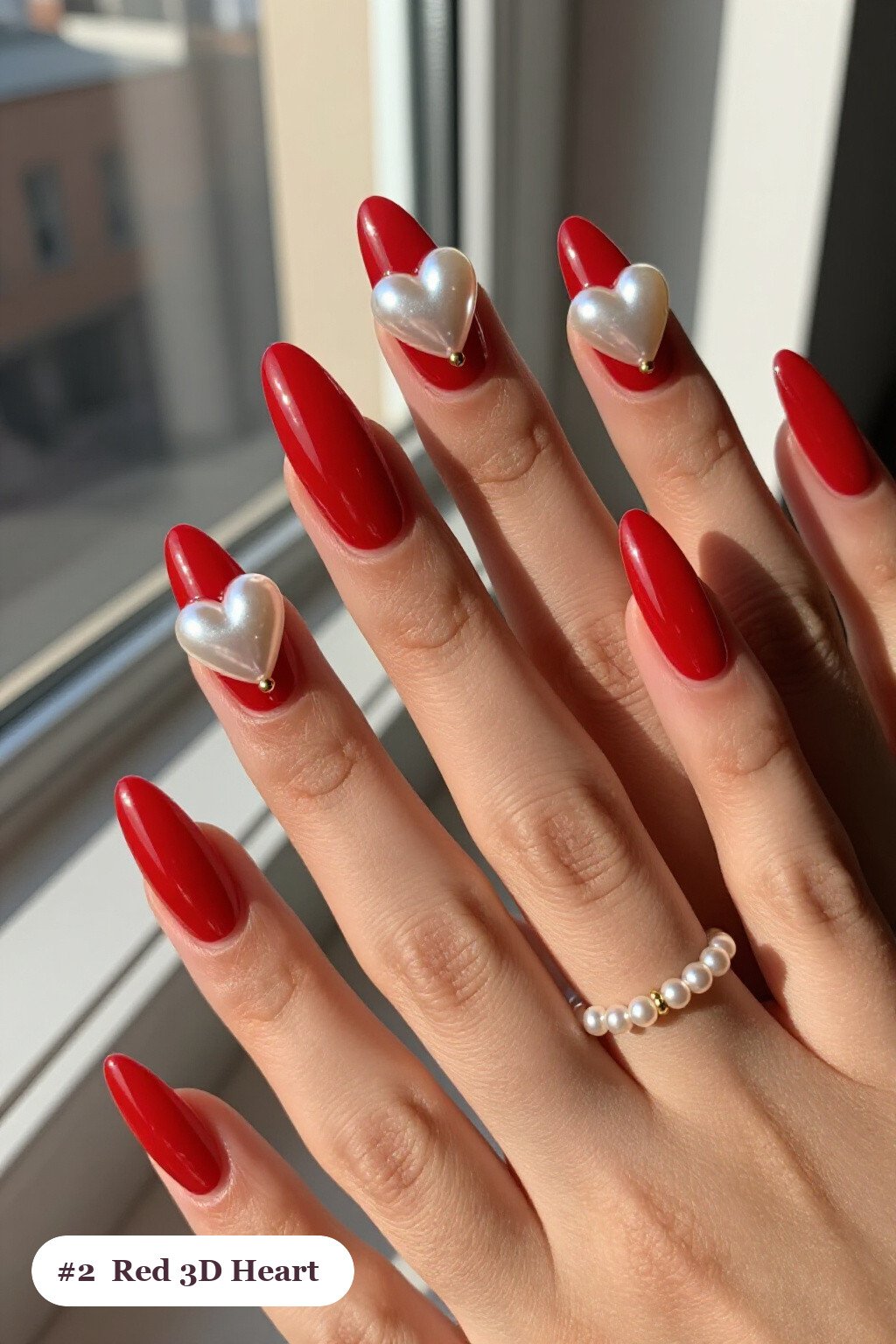 Almond Red Nails Decorated with Chunky 3D Hearts and Pearls - simple red nails