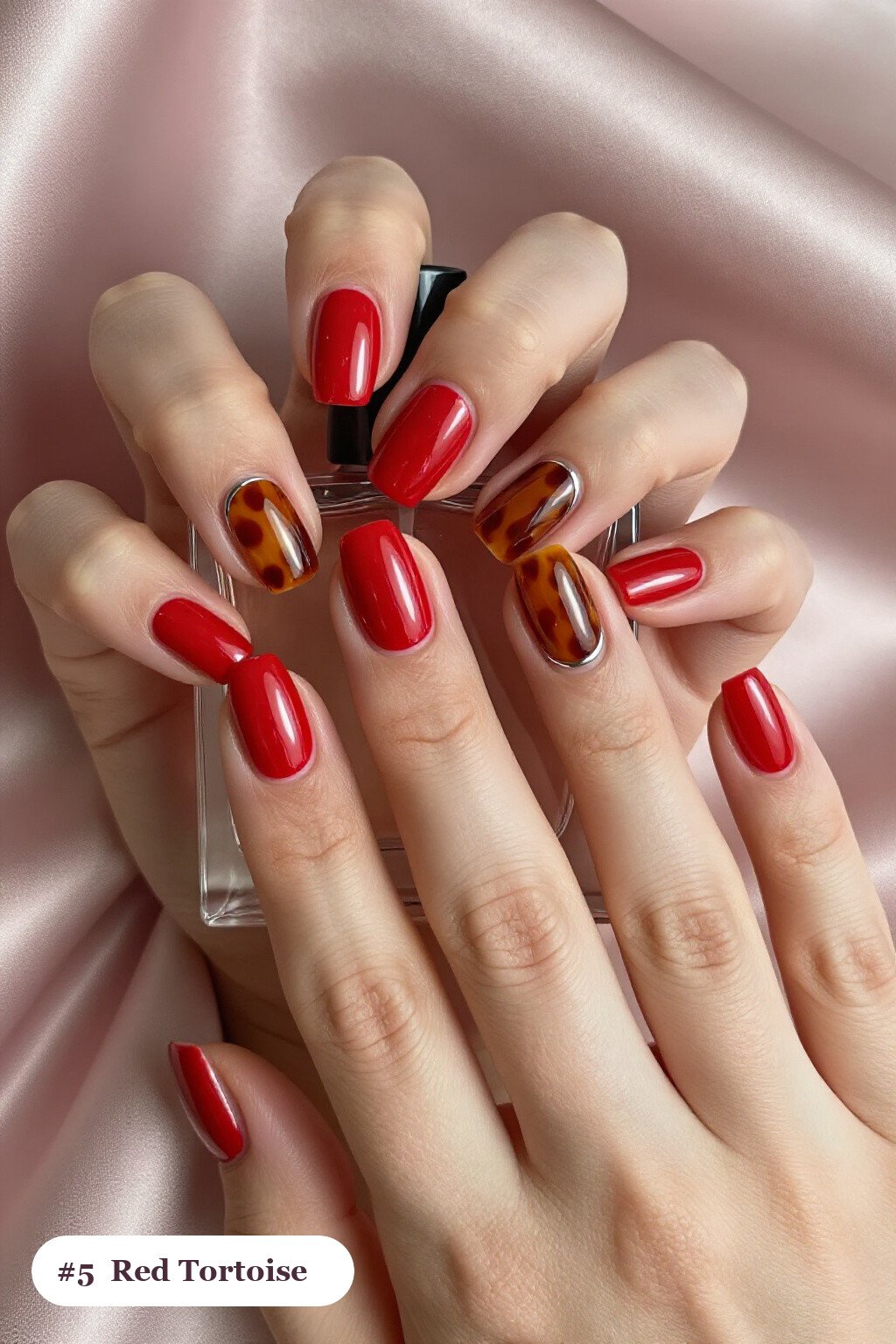 Short Square Red Nails with Amber Tortoiseshell Accent: On Short Nails - simple red nails