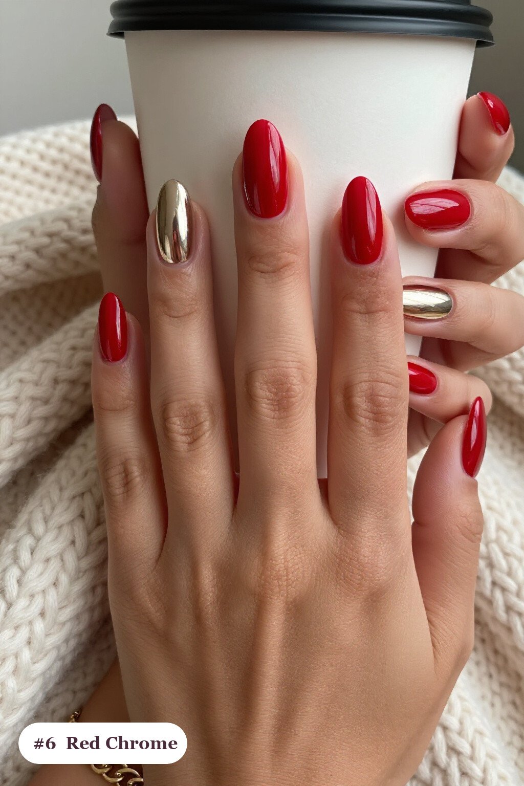 Simple Red Nails: Liquid Chrome Almonds with Metallic Highlights - simple red nails