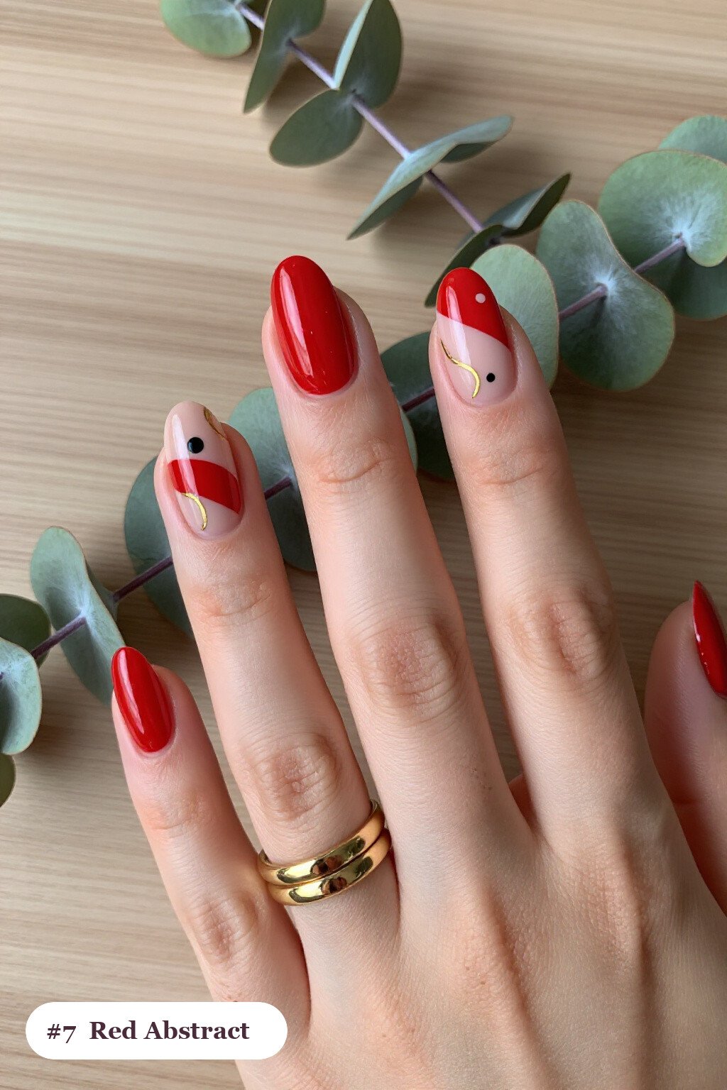 Medium Coffin Red Nails with Abstract Color Blobs, Gold Outlines and Dots - simple red nails