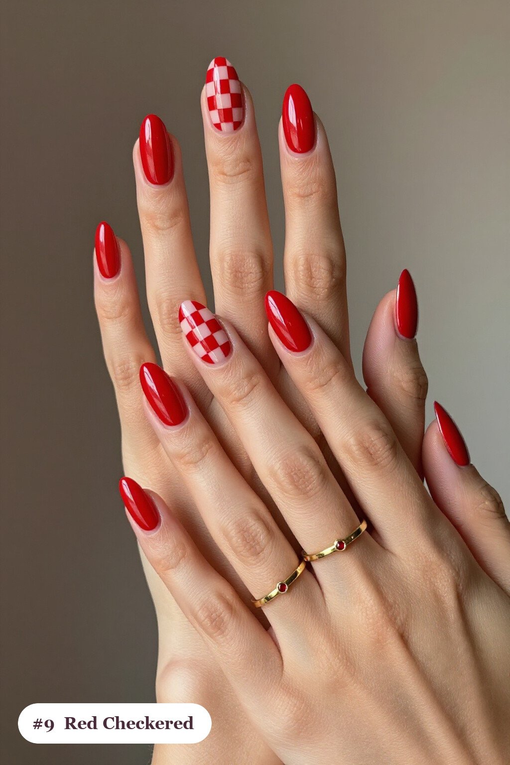 Long Coffin Red Nails with Bold Checkerboard Accents and Rose Gold Details - simple red nails