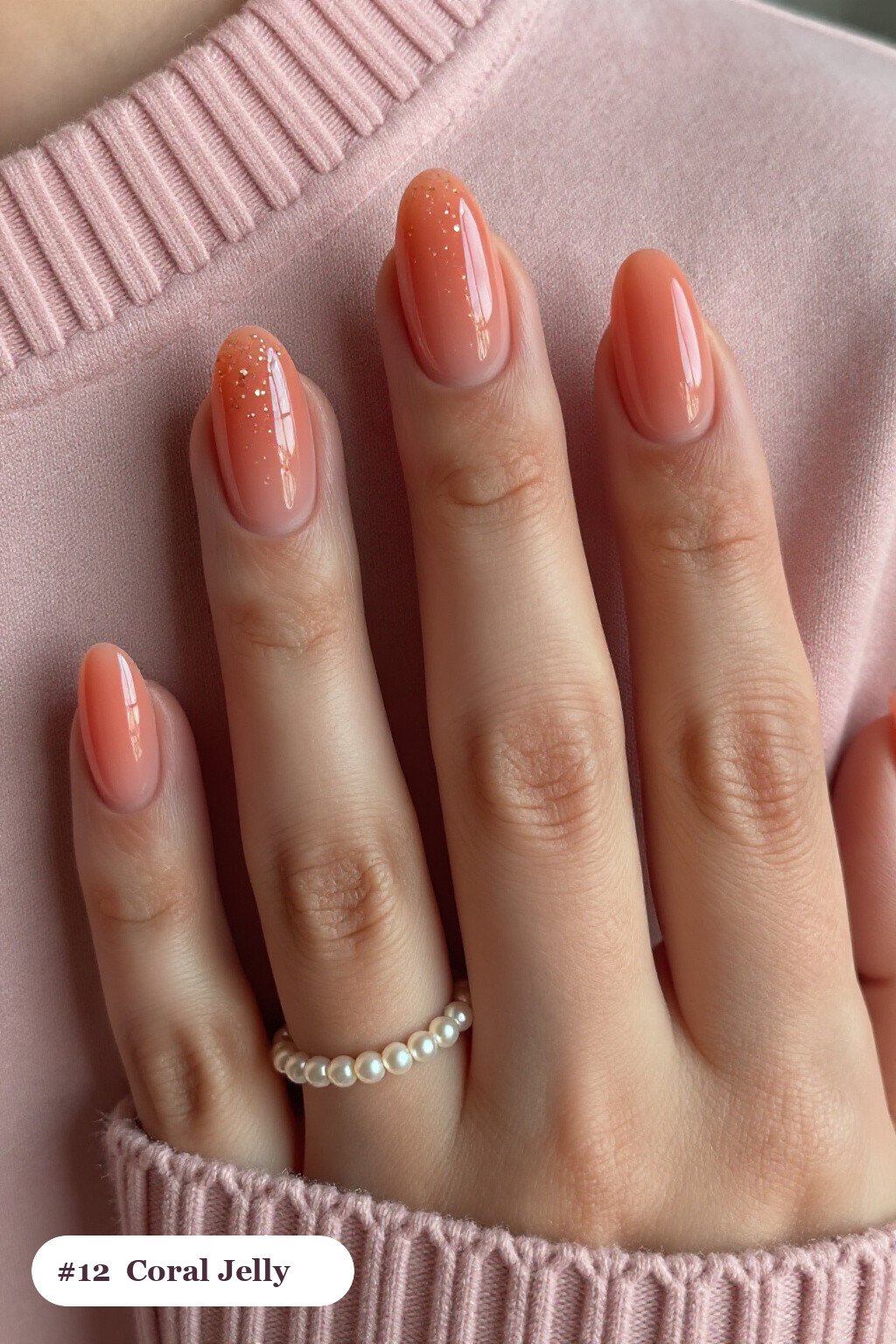 Short almond coral nails in a see-through jelly finish with encapsulated glitter, thanksgiving style - simple short thanksgiving nail designs
