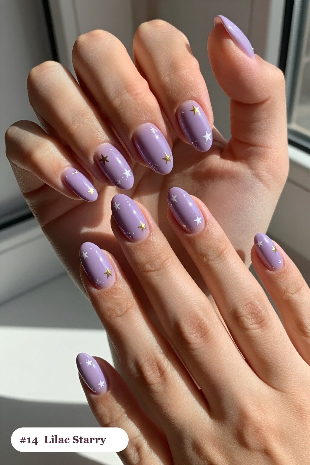 Short almond lilac nails with white and gold stars and sparkles painted on every nail, thanksgiving style - simple short thanksgiving nail designs
