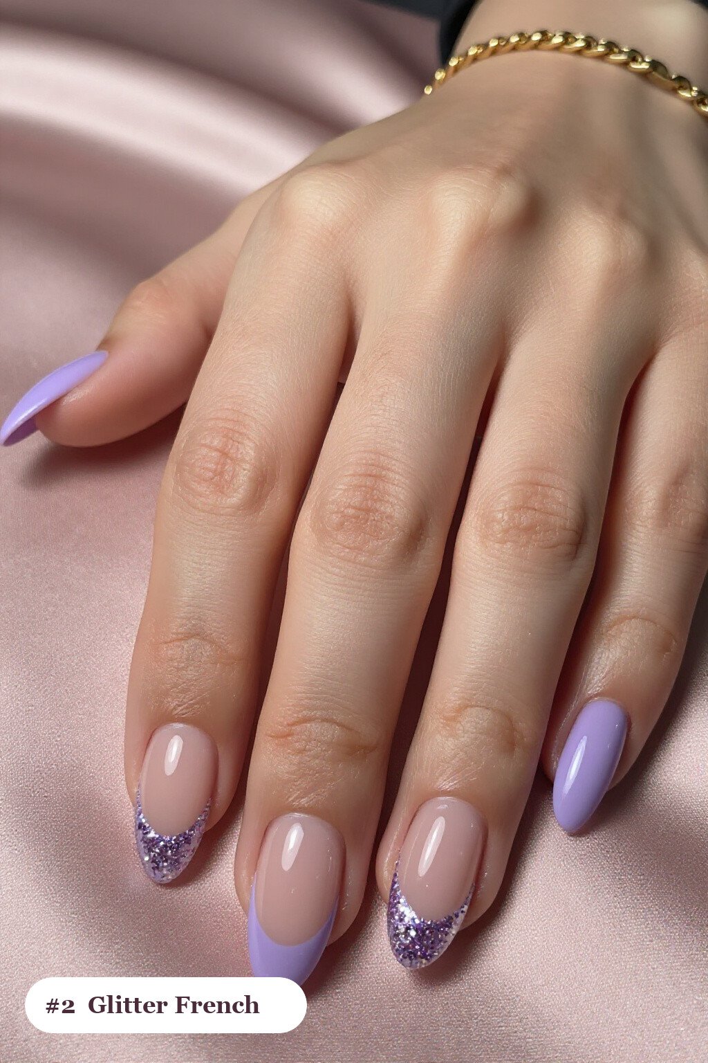 Short almond lavender nails with glitter-packed french tips over a sheer nude base, thanksgiving style - simple short thanksgiving nail designs