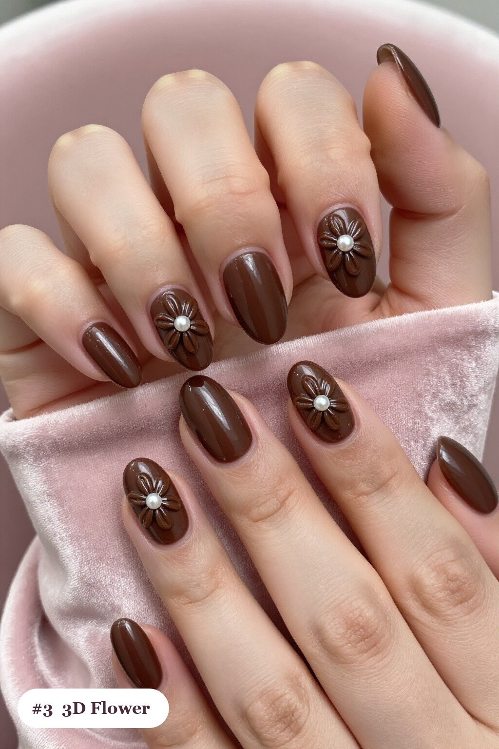 Short almond chocolate brown nails with raised 3D flowers with pearl centres on two accent nails, thanksgiving style - simple short thanksgiving nail designs