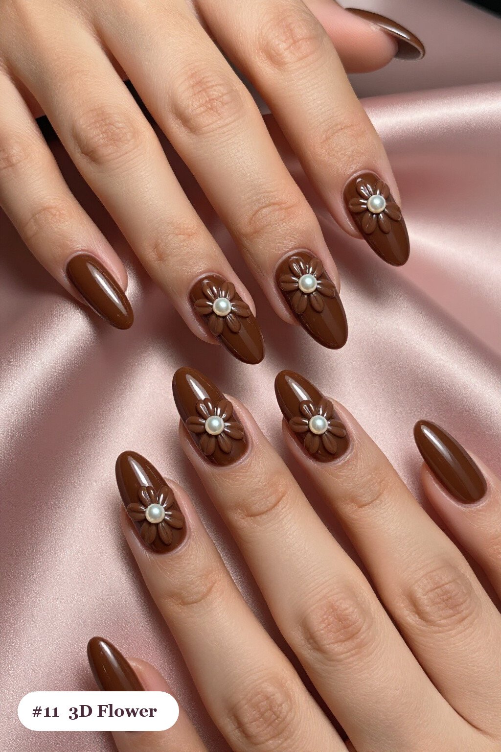 Chocolate Brown Ballerina Nails with 3D Pearl‑Center Flowers: Best Shades for Every Season - simple thanksgiving nail ideas