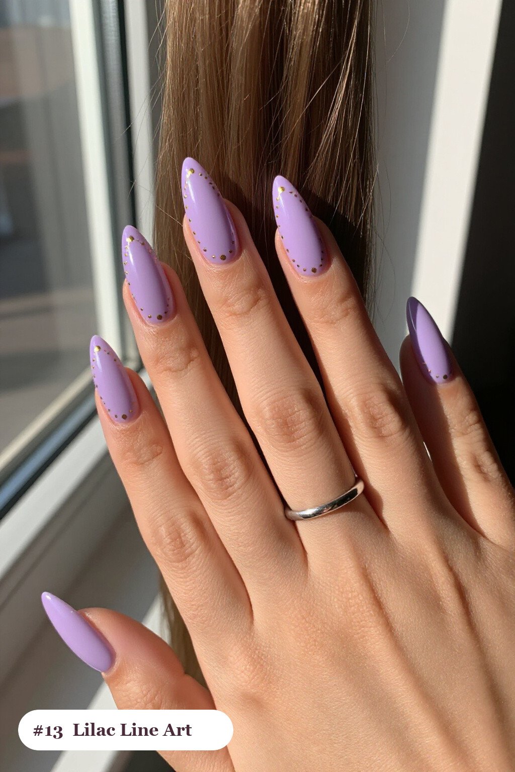 Lilac Stiletto Nails with Fine Gold Line Art and Tiny Dots – Simple Thanksgiving Nail Ideas - simple thanksgiving nail ideas