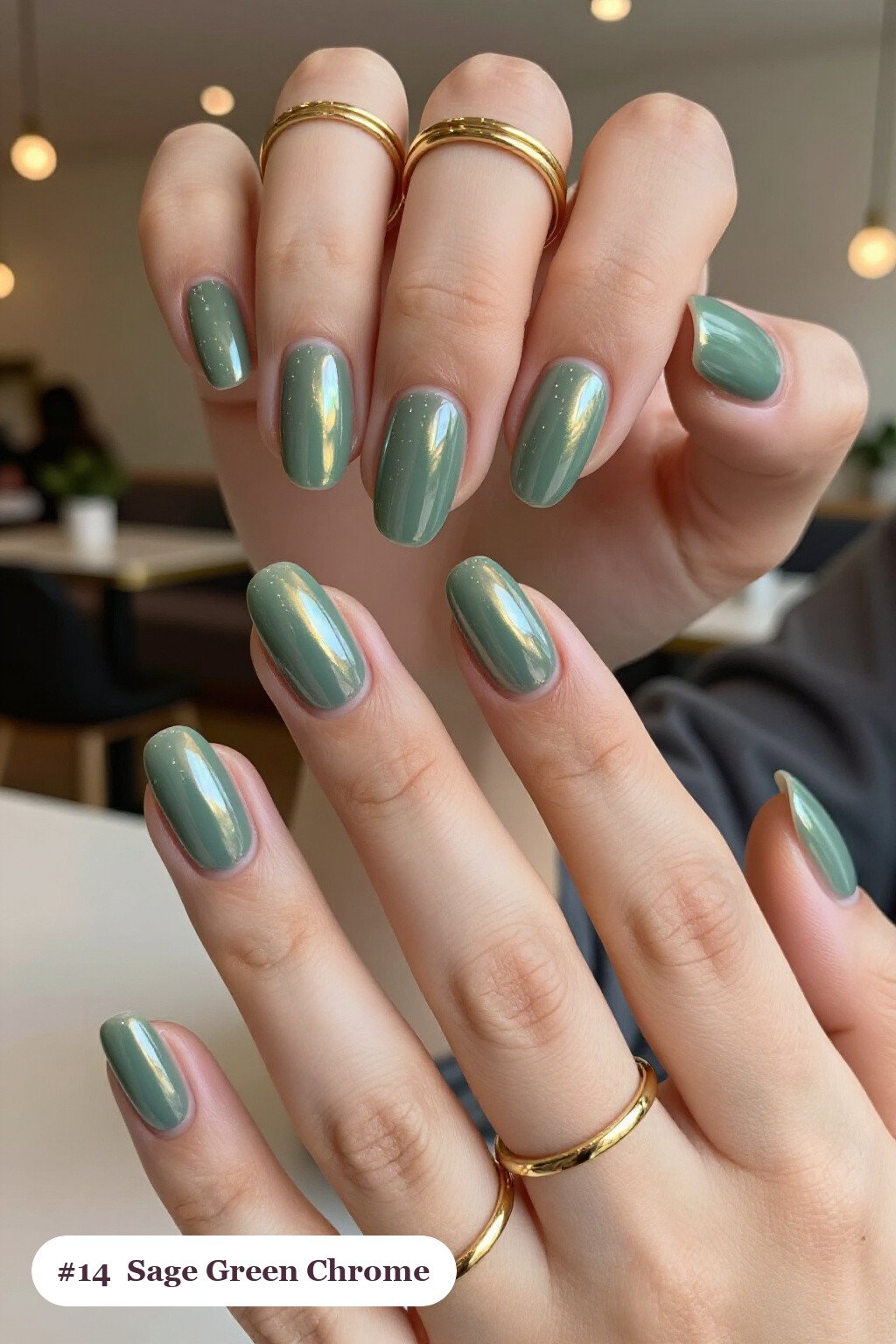 Sage Green Coffin Nails Featuring Liquid Chrome Mirror Finish with Metallic Highlights - simple thanksgiving nail ideas